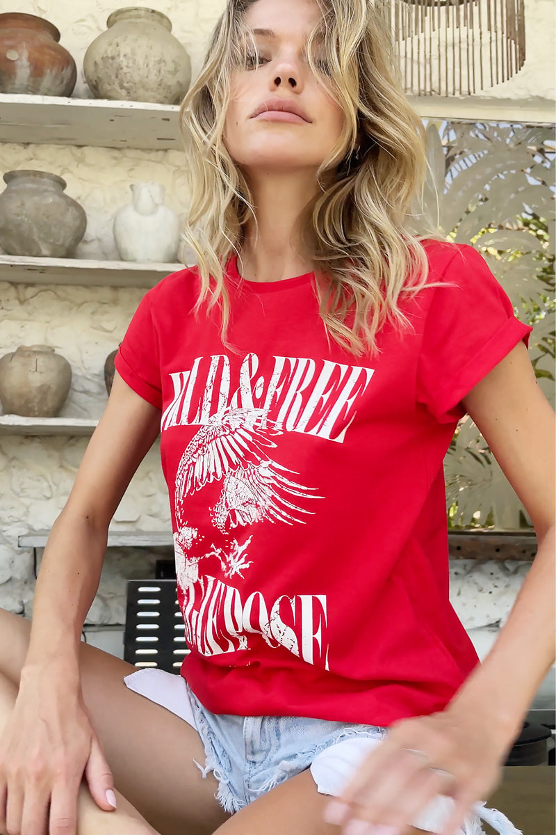 EDEN ASHRAM Eagle Pose | Wild & Free Organic Rolled Sleeve T-Shirt - Red
